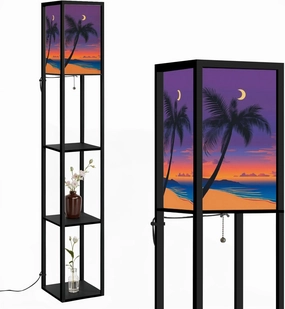 Palms Ocean Ocean Coast Chill Marine Landscape Floor Lamps with Shelves, Modern Standing Lamp Narrow Corner Display Bookshelf Lamp for Living Room, Bedroom, Office Decor