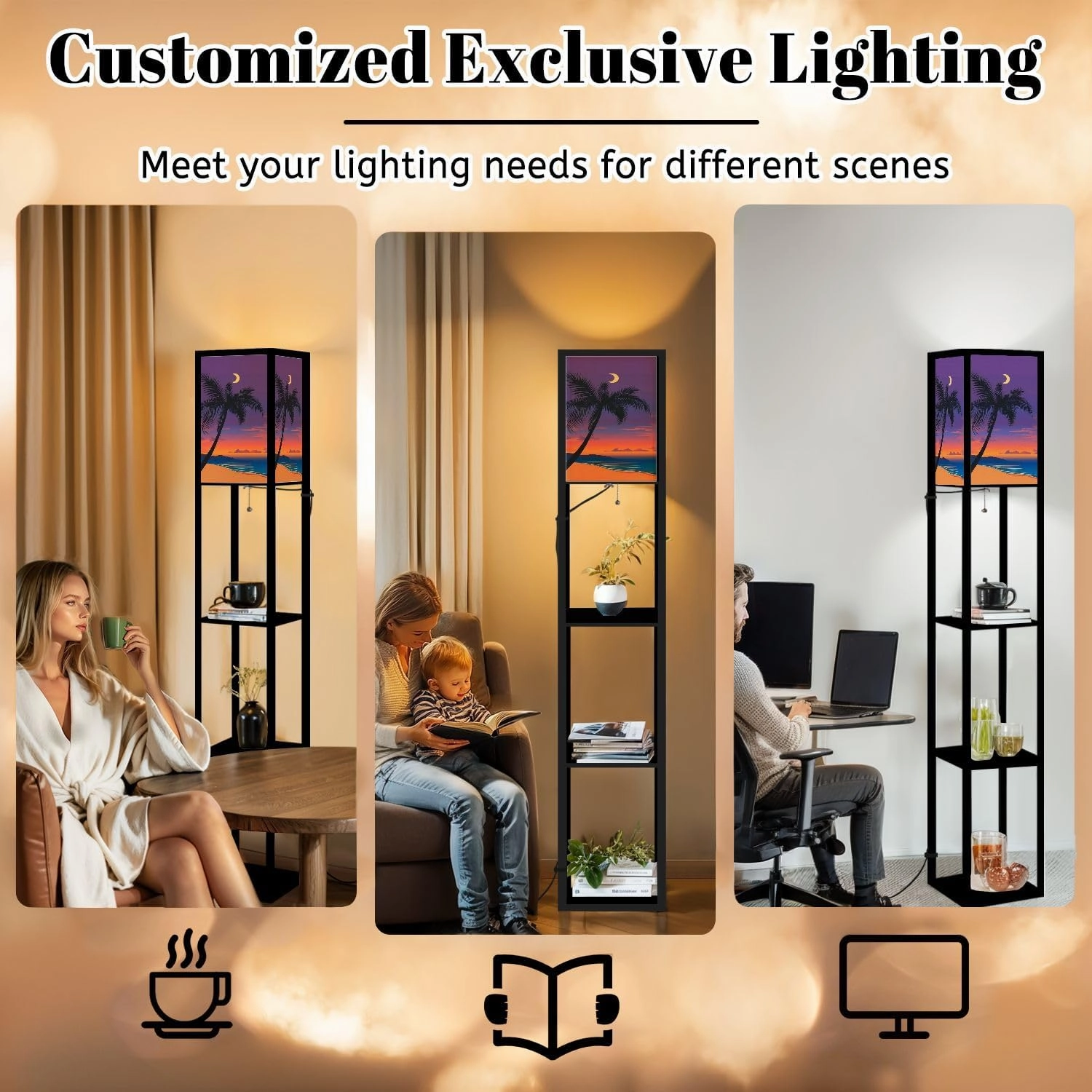 Palms Ocean Ocean Coast Chill Marine Landscape Floor Lamps with Shelves, Modern Standing Lamp Narrow Corner Display Bookshelf Lamp for Living Room, Bedroom, Office Decor