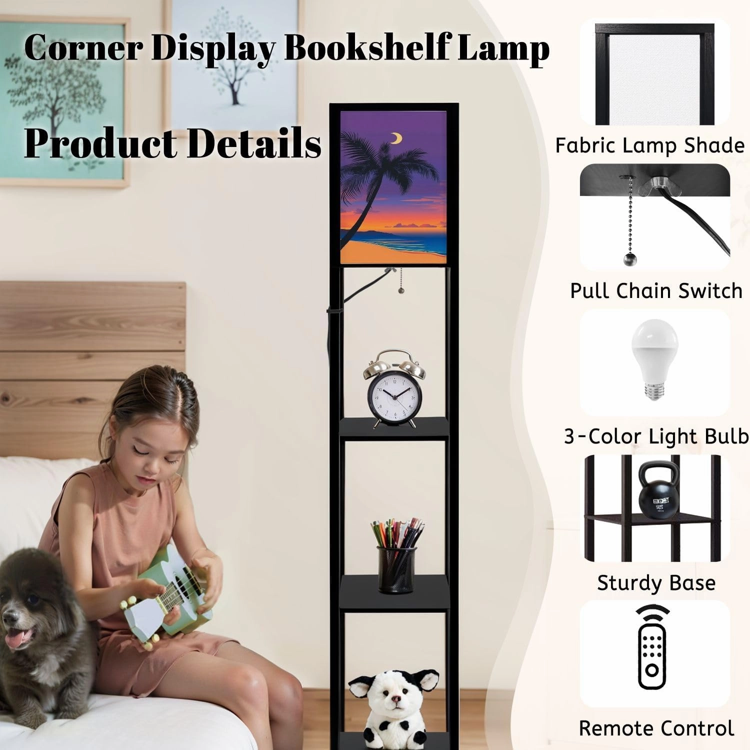 Palms Ocean Ocean Coast Chill Marine Landscape Floor Lamps with Shelves, Modern Standing Lamp Narrow Corner Display Bookshelf Lamp for Living Room, Bedroom, Office Decor