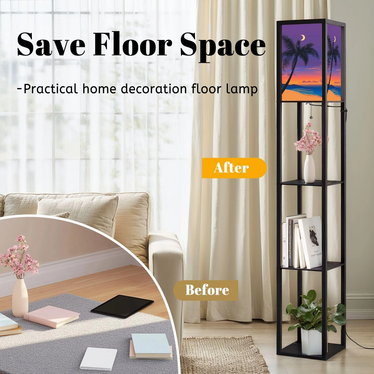 Palms Ocean Ocean Coast Chill Marine Landscape Floor Lamps with Shelves, Modern Standing Lamp Narrow Corner Display Bookshelf Lamp for Living Room, Bedroom, Office Decor