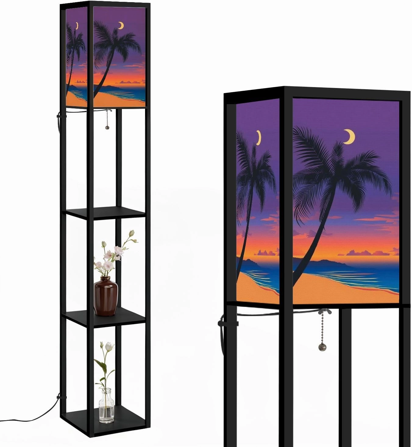 Palms Ocean Ocean Coast Chill Marine Landscape Floor Lamps with Shelves, Modern Standing Lamp Narrow Corner Display Bookshelf Lamp for Living Room, Bedroom, Office Decor