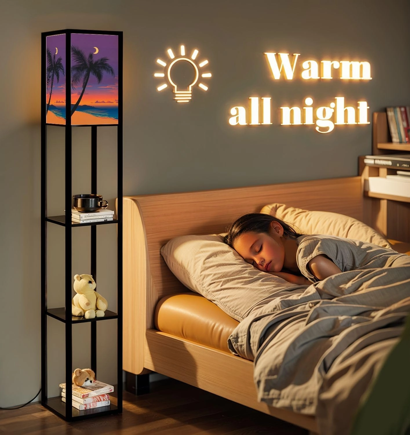 Palms Ocean Ocean Coast Chill Marine Landscape Floor Lamps with Shelves, Modern Standing Lamp Narrow Corner Display Bookshelf Lamp for Living Room, Bedroom, Office Decor