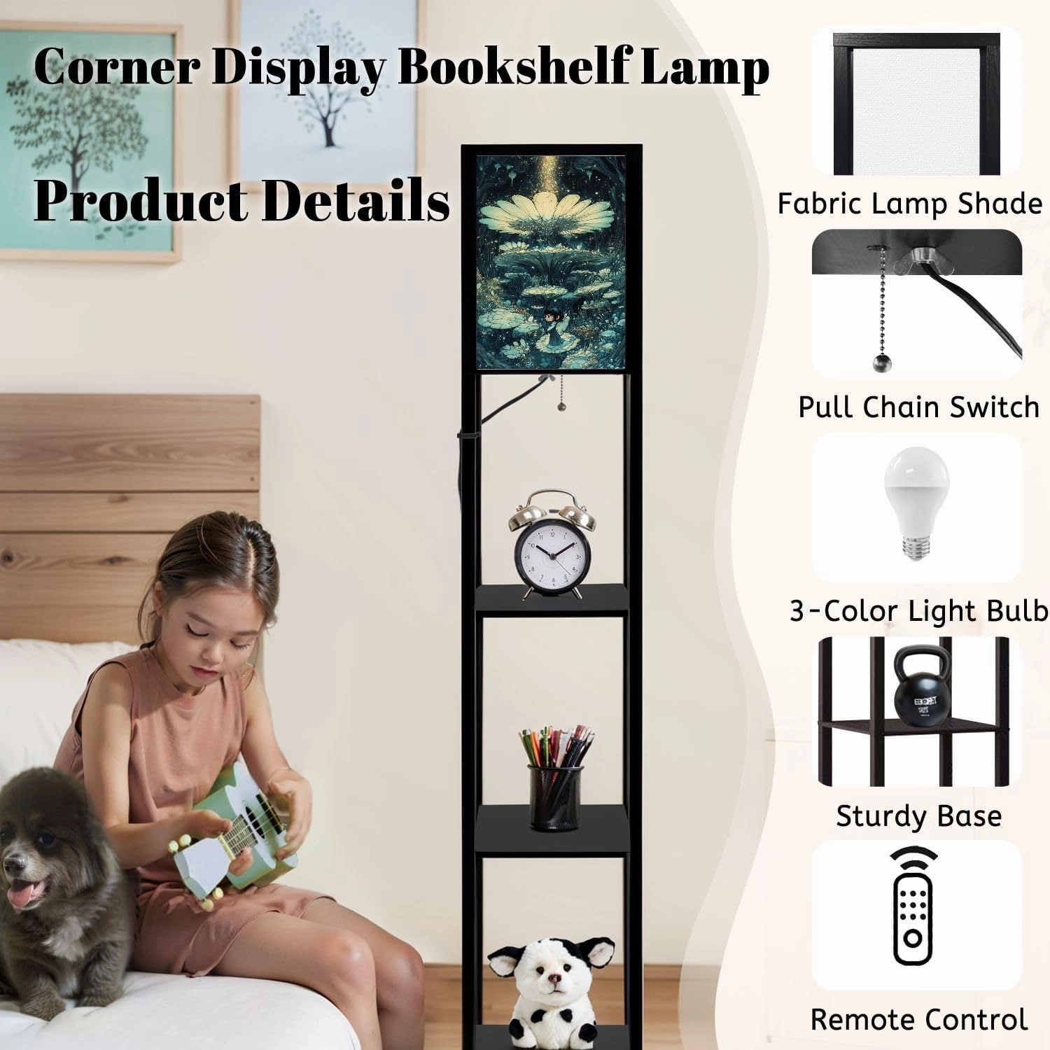 Pastel Angel Art Heavenly Stars Clouds Print Floor Lamps with Shelves, Modern Standing Lamp Narrow Corner Display Bookshelf Lamp for Living Room, Bedroom, Office Decor