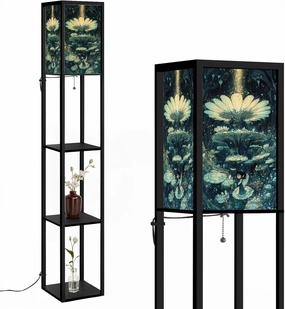 Pastel Angel Art Heavenly Stars Clouds Print Floor Lamps with Shelves, Modern Standing Lamp Narrow Corner Display Bookshelf Lamp for Living Room, Bedroom, Office Decor