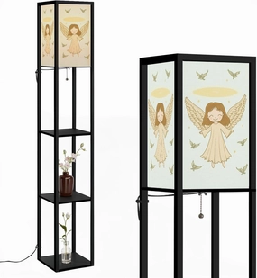 Pastel Angel Golden Nimbus Radiance Floor Lamps with Shelves, Modern Standing Lamp Narrow Corner Display Bookshelf Lamp for Living Room, Bedroom, Office Decor