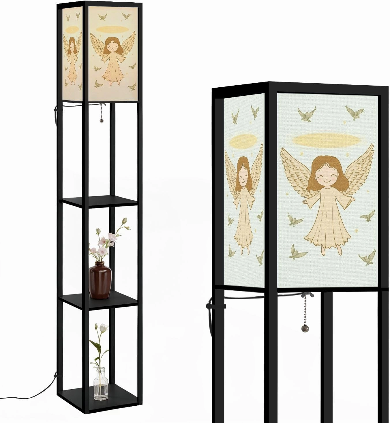 Pastel Angel Golden Nimbus Radiance Floor Lamps with Shelves, Modern Standing Lamp Narrow Corner Display Bookshelf Lamp for Living Room, Bedroom, Office Decor
