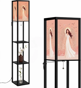 Pastel Art Angel Sparkling Nimbus Floor Lamps with Shelves, Modern Standing Lamp Narrow Corner Display Bookshelf Lamp for Living Room, Bedroom, Office Decor