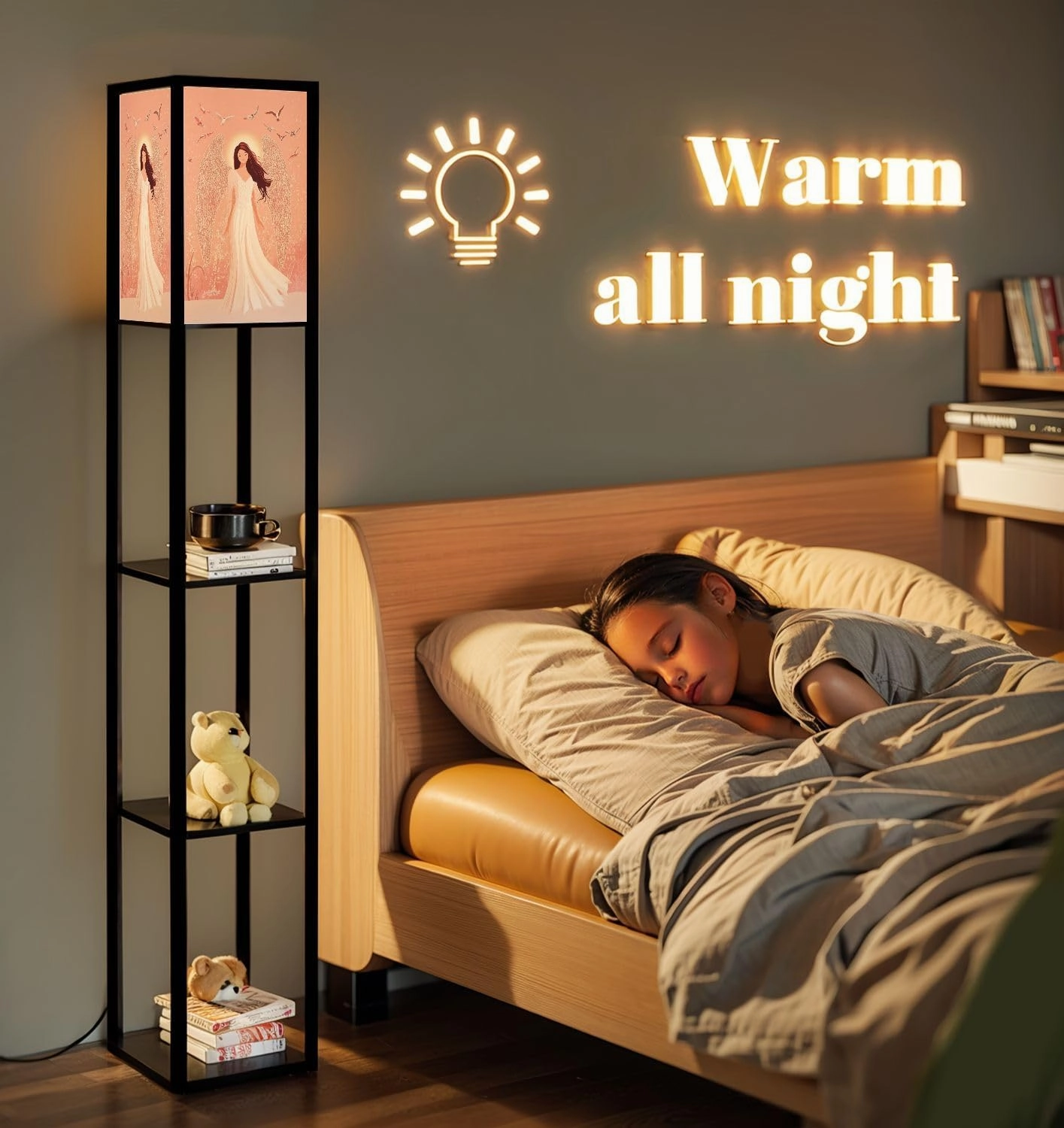 Pastel Art Angel Sparkling Nimbus Floor Lamps with Shelves, Modern Standing Lamp Narrow Corner Display Bookshelf Lamp for Living Room, Bedroom, Office Decor