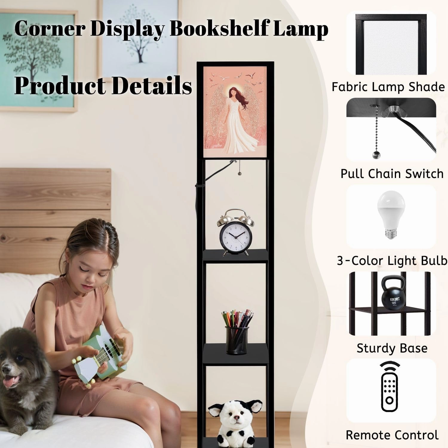 Pastel Art Angel Sparkling Nimbus Floor Lamps with Shelves, Modern Standing Lamp Narrow Corner Display Bookshelf Lamp for Living Room, Bedroom, Office Decor