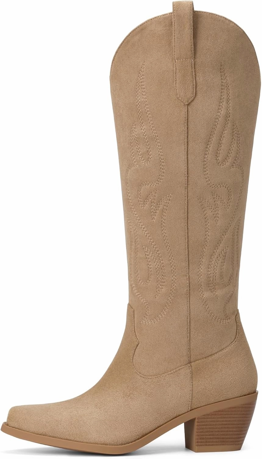 Pasuot Western Cowboy Boots for Women - Knee High Wide Calf Cowgirl Boots with Classic Embroidered, Slip On Pointed Toe Chunky Heel Fashion Retro Classic Pull On Tall Boot for Girls Ladies Fall Winter
