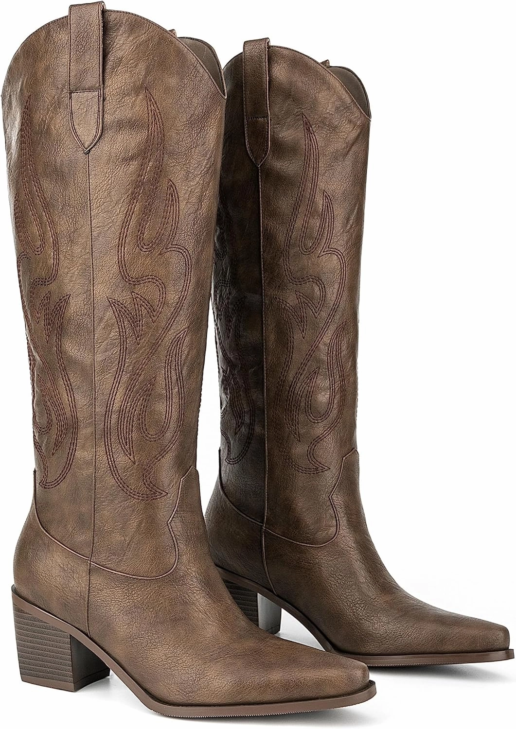 Pasuot Western Cowboy Boots for Women - Knee High Wide Calf Cowgirl Boots with Classic Embroidered, Slip On Pointed Toe Chunky Heel Fashion Retro Classic Pull On Tall Boot for Girls Ladies Fall Winter