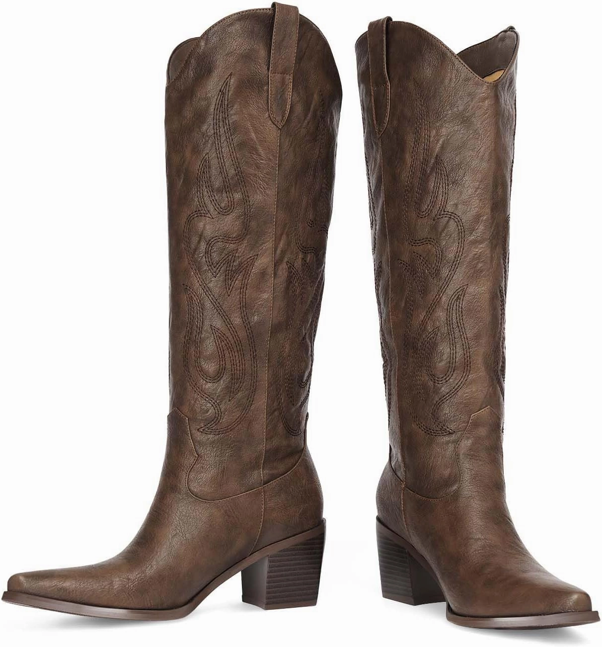 Pasuot Western Cowboy Boots for Women - Knee High Wide Calf Cowgirl Boots with Classic Embroidered, Slip On Pointed Toe Chunky Heel Fashion Retro Classic Pull On Tall Boot for Girls Ladies Fall Winter