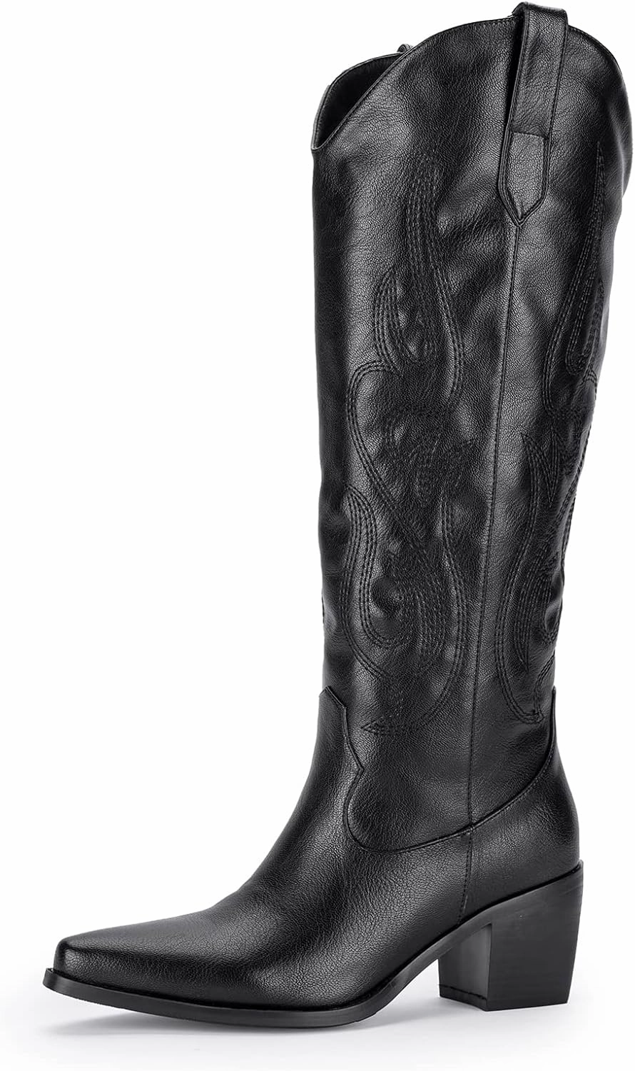 Pasuot Western Cowboy Boots for Women - Knee High Wide Calf Cowgirl Boots with Classic Embroidered, Slip On Pointed Toe Chunky Heel Fashion Retro Classic Pull On Tall Boot for Girls Ladies Fall Winter