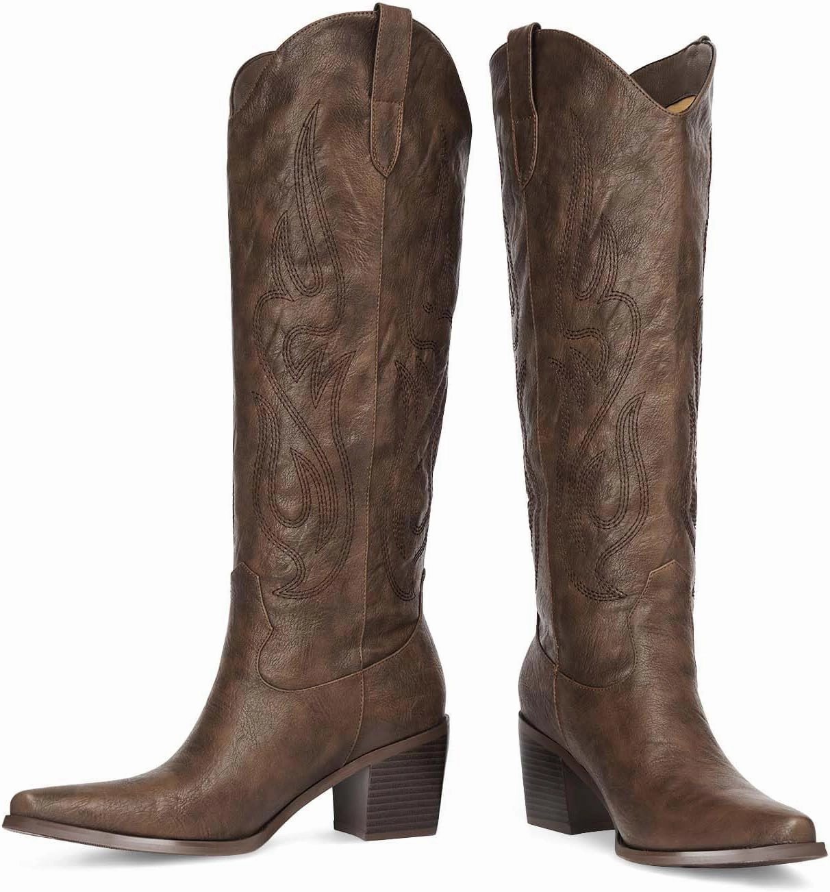 Pasuot Western Cowboy Boots for Women - Knee High Wide Calf Cowgirl Boots with Classic Embroidered, Slip On Pointed Toe Chunky Heel Fashion Retro Classic Pull On Tall Boot for Girls Ladies Fall Winter