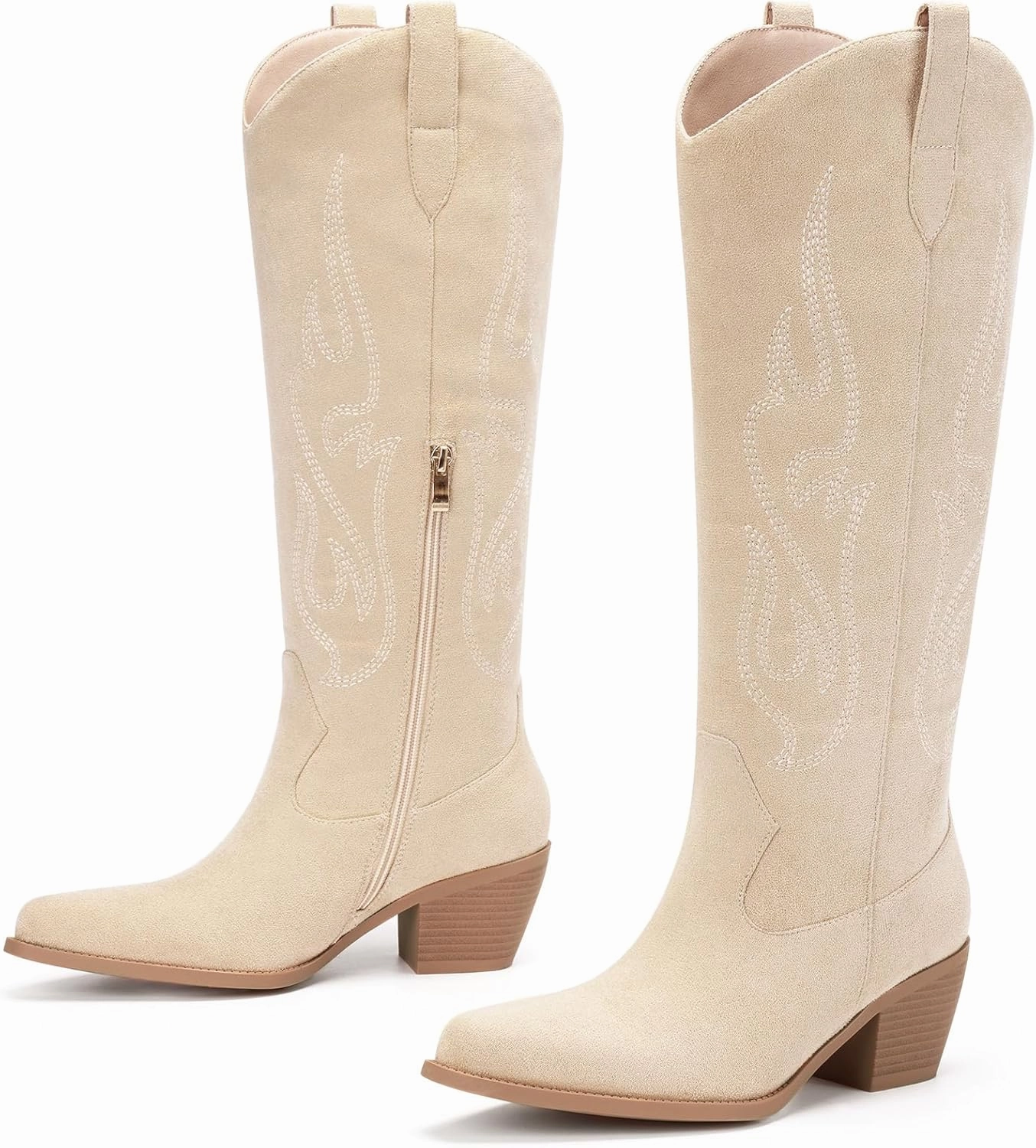 Pasuot Western Cowboy Boots for Women - Knee High Wide Calf Cowgirl Boots with Classic Embroidered, Slip On Pointed Toe Chunky Heel Fashion Retro Classic Pull On Tall Boot for Girls Ladies Fall Winter