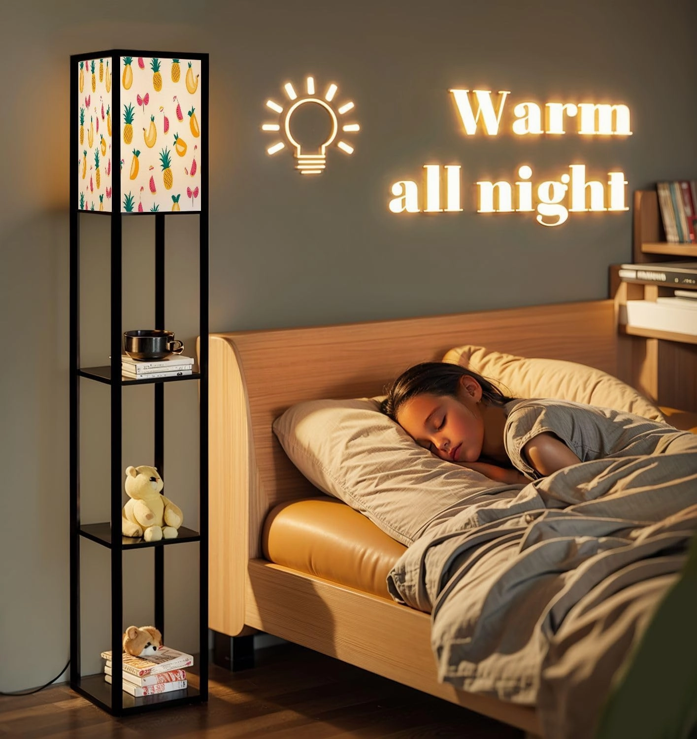 Pattern Birds Fruits Floor Lamps with Shelves, Modern Standing Lamp Narrow Corner Display Bookshelf Lamp for Living Room, Bedroom, Office Decor