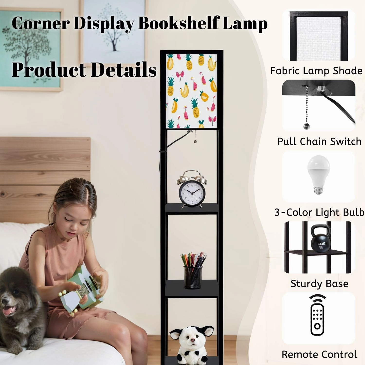Pattern Birds Fruits Floor Lamps with Shelves, Modern Standing Lamp Narrow Corner Display Bookshelf Lamp for Living Room, Bedroom, Office Decor