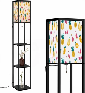Pattern Birds Fruits Floor Lamps with Shelves, Modern Standing Lamp Narrow Corner Display Bookshelf Lamp for Living Room, Bedroom, Office Decor