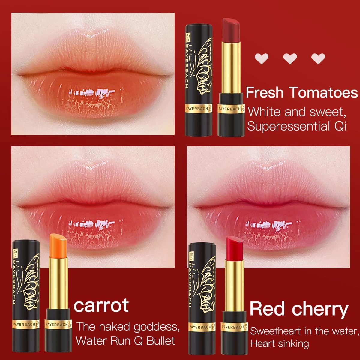 Payerbach Moisturizing Lip Color, Dual Action Makeup and Care, Upgraded Version，3 well-matched lipsticks COLOR CHANGING LIPSTICK-CAROTENE 01 03Carrot   Tomato