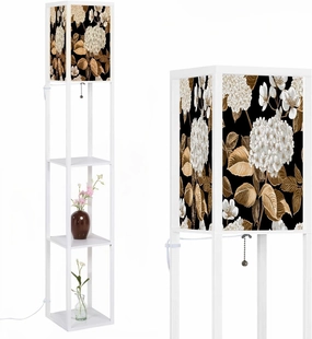 Peonies hydrangea butterfly Floral vintage seamless pattern Gold white Floor Lamps with Shelves, Modern Standing Lamp Narrow Corner Display Bookshelf Lamp for Living Room, Bedroom, Office Decor