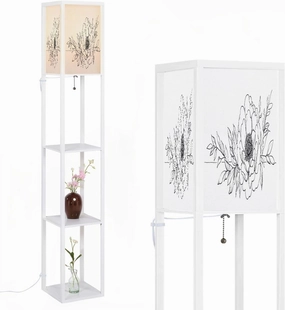 Peony Line Drawing Black white Floral Bouquets Flower Coloring Floral Floor Lamps with Shelves, Modern Standing Lamp Narrow Corner Display Bookshelf Lamp for Living Room, Bedroom, Office Decor