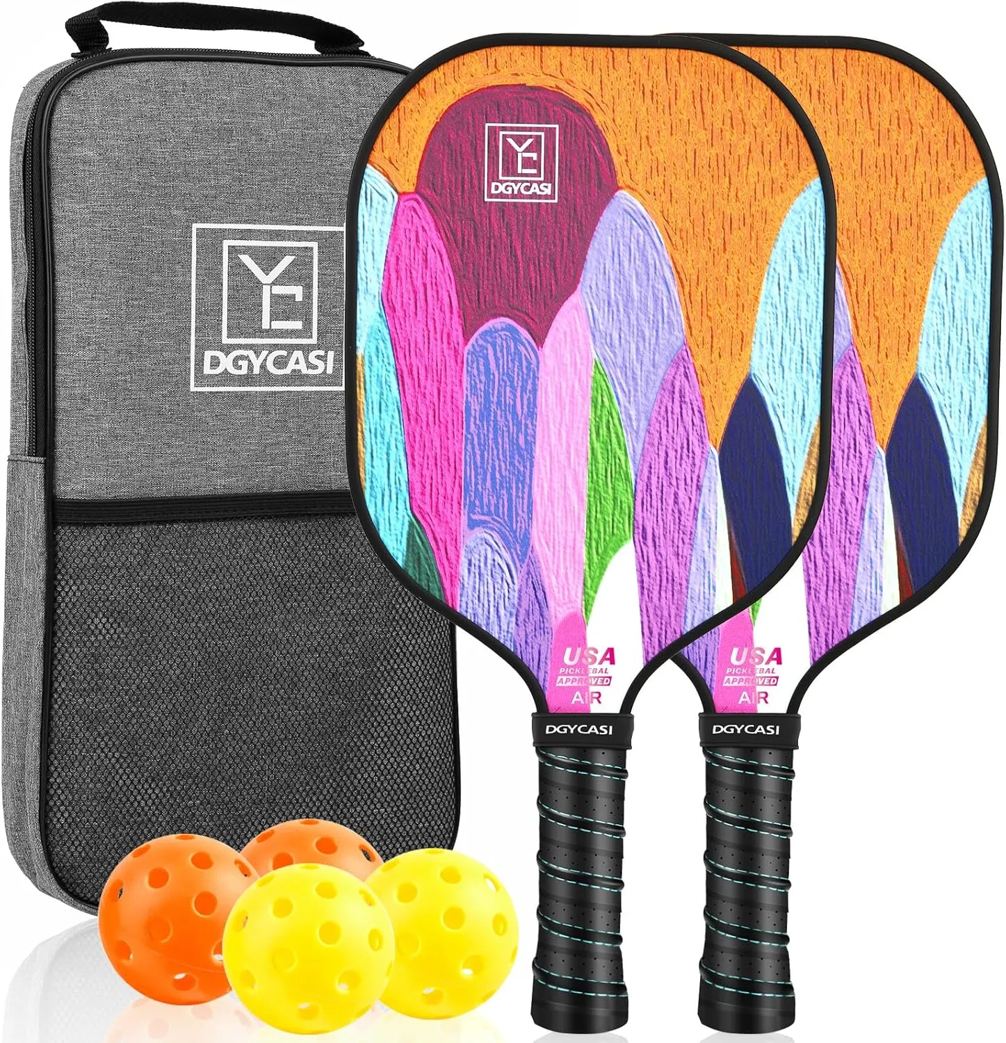 Pickleball Paddles Set of 2, 2025 USAPA Approved Pickleball Set, Fiberglass Lightweight Pickle Ball Rackets 2 Pack, 2 Outdoor Pickleball, 2 Indoor Pickleball Balls, 1 Pickleball Bag for Women and Men