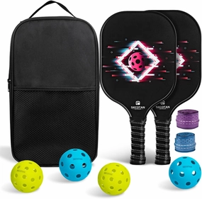 Pickleball Paddle Set, 2 Polypropyleneglass Paddles, 2 Outdoor 40-Hole Balls, 2 Indoor 26-Hole Balls, 2 Replacement Handle Covers, Stylish Bag (Electro Style)