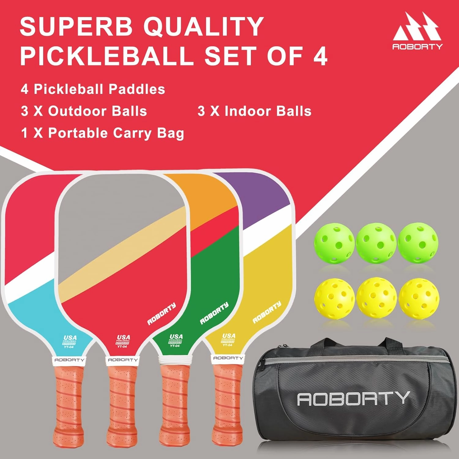 Pickleball Paddles 4 Pack - USAPA Light Graphite Premium Rackets Fiber Face & Polymer Honeycomb Core Pickleball Set with 6 Outdoor Indoor Balls Including Portable Carry Bag