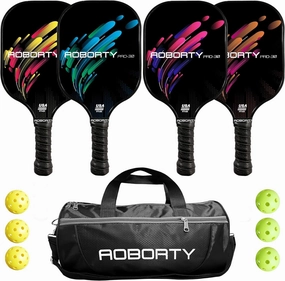 Pickleball Paddles 4 Pack - USAPA Light Graphite Premium Rackets Fiber Face & Polymer Honeycomb Core Pickleball Set with 6 Outdoor Indoor Balls Including Portable Carry Bag