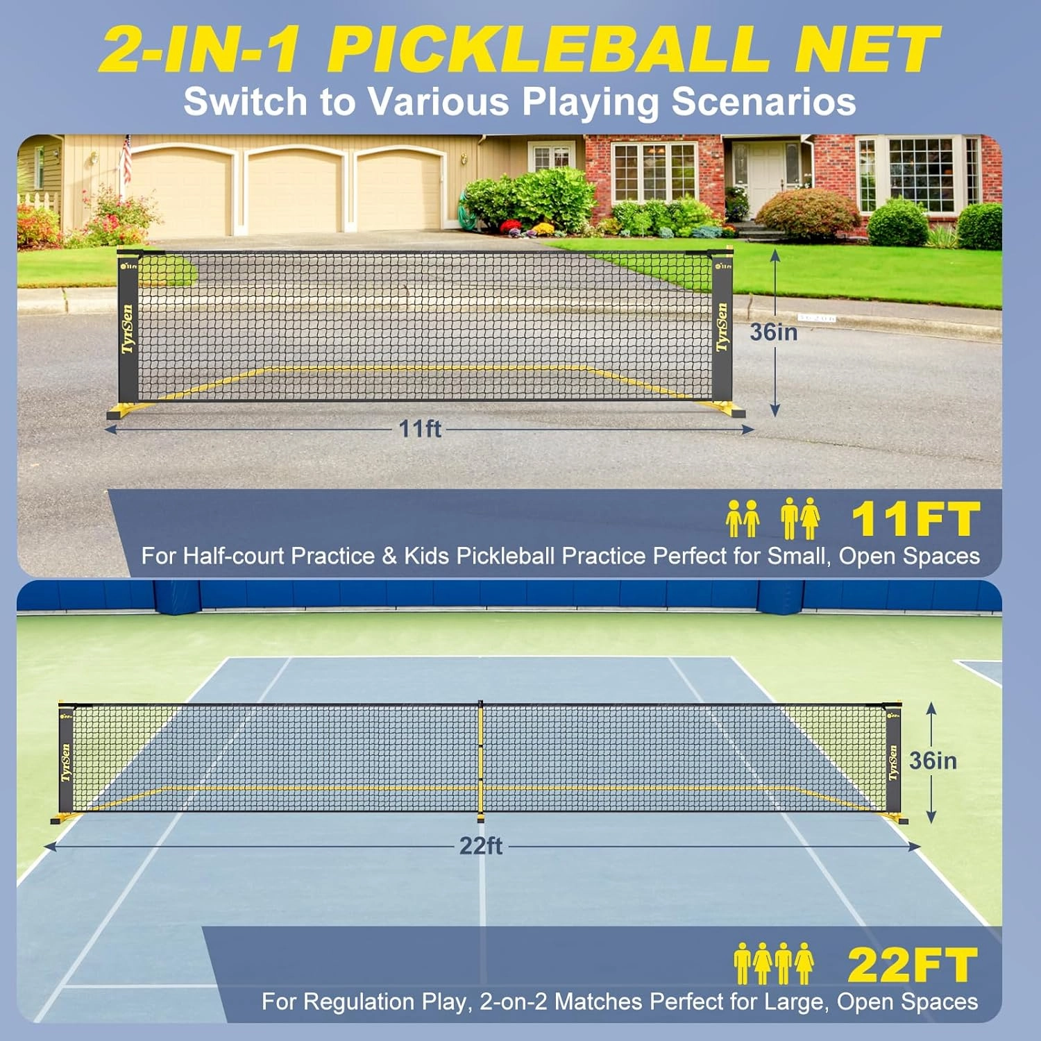 Pickleball Set with Net, 22 FT Regulation Size & 11 FT Half Court Size Pickleball Net, 4 Fiberglass Paddles, Portable Pickle Ball Net System with Carrying Bag for Driveway, Backyards,Indoor