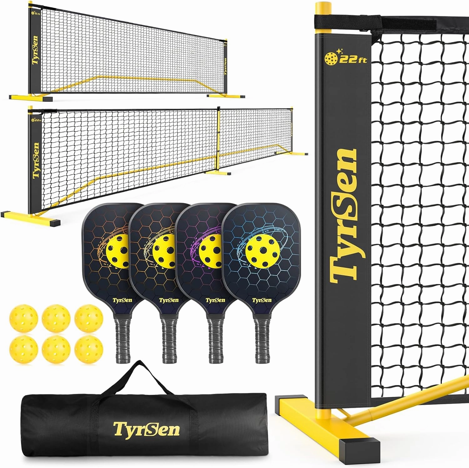 Pickleball Set with Net, 22 FT Regulation Size & 11 FT Half Court Size Pickleball Net, 4 Fiberglass Paddles, Portable Pickle Ball Net System with Carrying Bag for Driveway, Backyards,Indoor