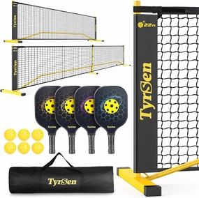 Pickleball Set with Net, 22 FT Regulation Size & 11 FT Half Court Size Pickleball Net, 4 Fiberglass Paddles, Portable Pickle Ball Net System with Carrying Bag for Driveway, Backyards,Indoor