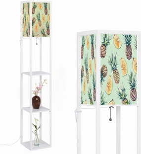 Pineapples Light Green Watercolor Colourful Seamless Pattern Floor Lamps with Shelves, Modern Standing Lamp Narrow Corner Display Bookshelf Lamp for Living Room, Bedroom, Office Decor