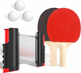 Ping Pong Set – Retractable Table Tennis Net with 2 Paddles, 3 Balls & Storage Bag, Portable & Adjustable, Fits Tables up to 72", for Indoor/Outdoor Play, Easy Setup – Black