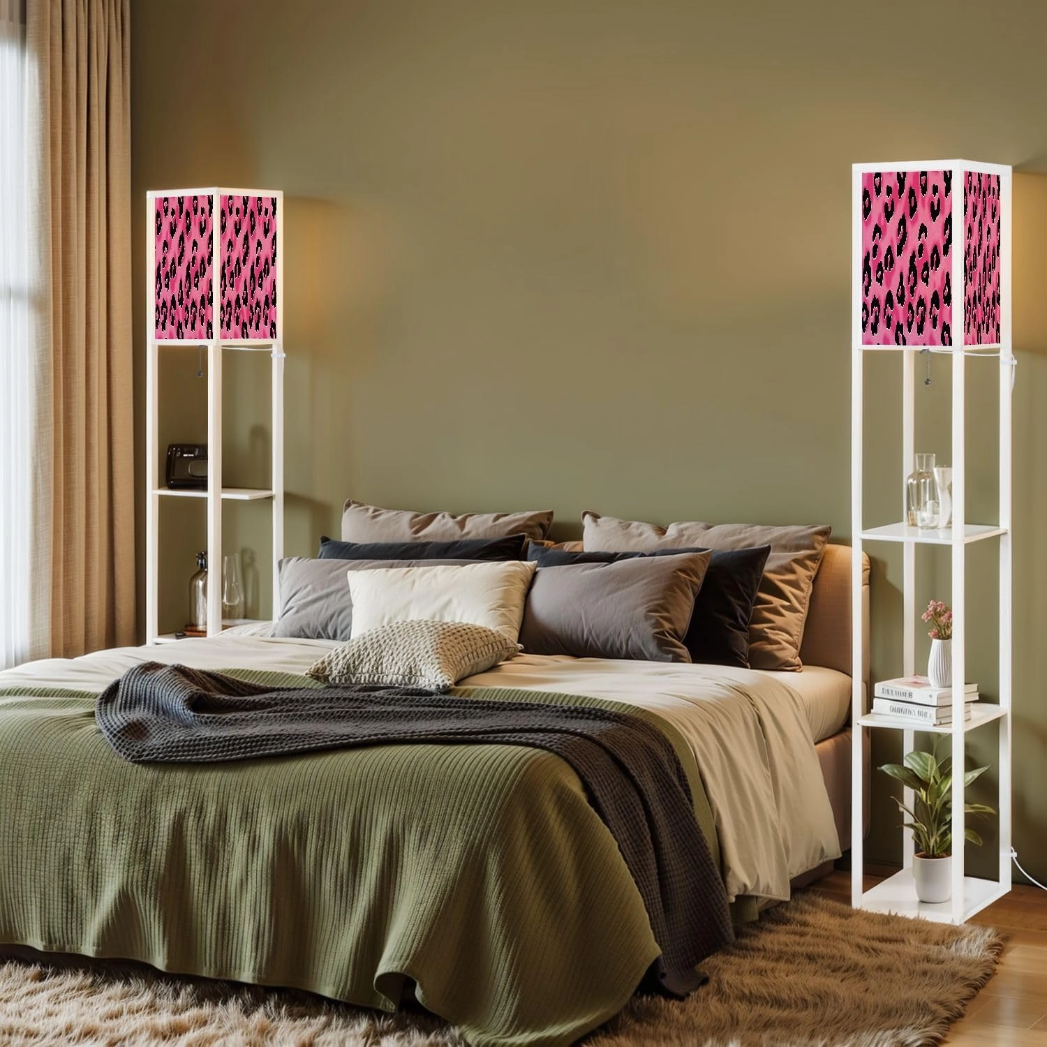 Pink Cheetah Seamless Pattern Leopard Skin Animal Print Floor Lamps with Shelves, Modern Standing Lamp Narrow Corner Display Bookshelf Lamp for Living Room, Bedroom, Office Decor