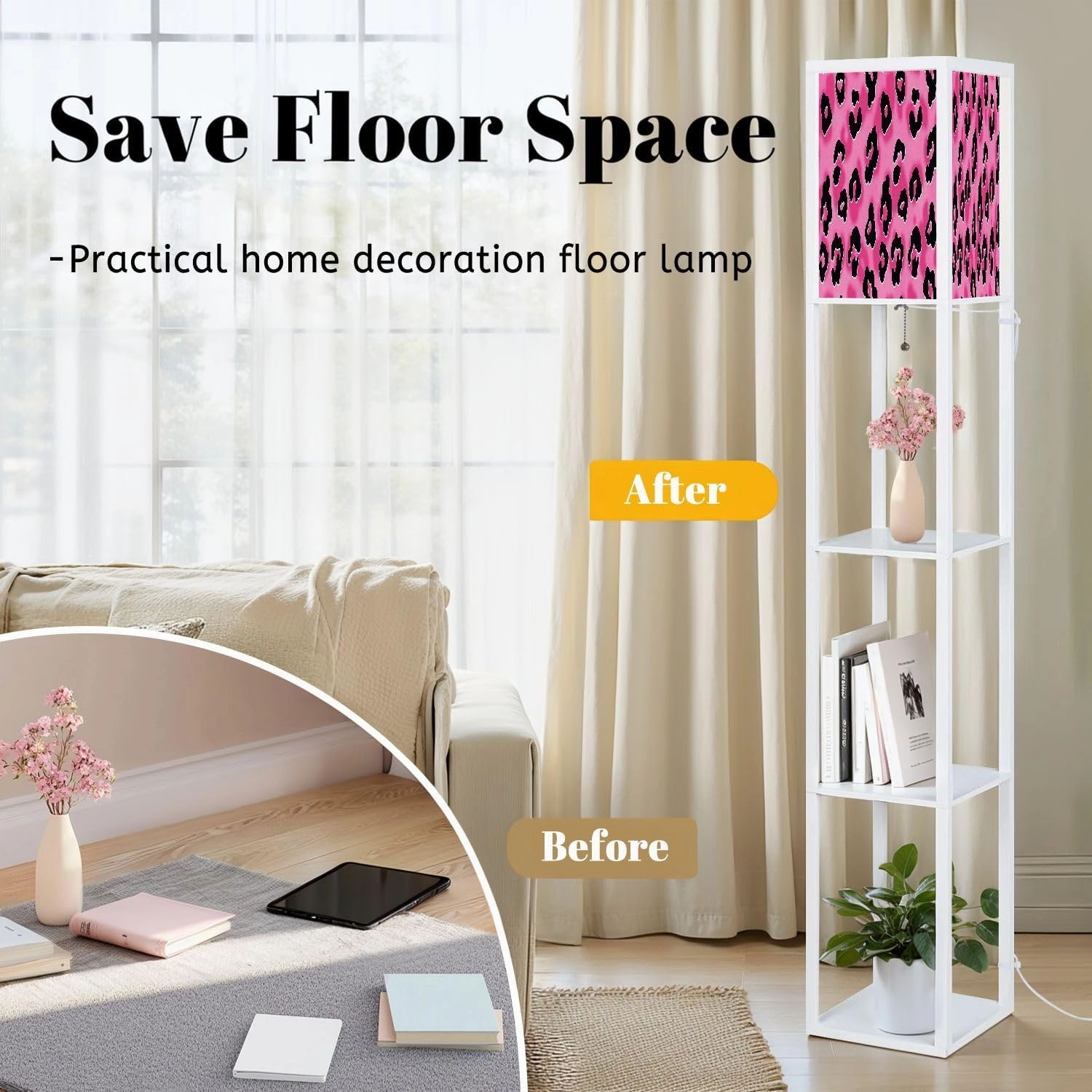 Pink Cheetah Seamless Pattern Leopard Skin Animal Print Floor Lamps with Shelves, Modern Standing Lamp Narrow Corner Display Bookshelf Lamp for Living Room, Bedroom, Office Decor