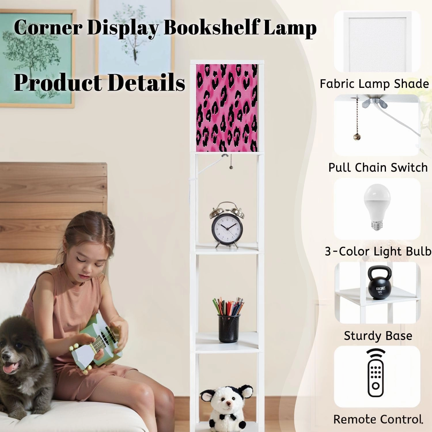 Pink Cheetah Seamless Pattern Leopard Skin Animal Print Floor Lamps with Shelves, Modern Standing Lamp Narrow Corner Display Bookshelf Lamp for Living Room, Bedroom, Office Decor