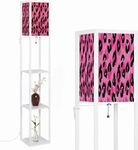 Pink Cheetah Seamless Pattern Leopard Skin Animal Print Floor Lamps with Shelves, Modern Standing Lamp Narrow Corner Display Bookshelf Lamp for Living Room, Bedroom, Office Decor