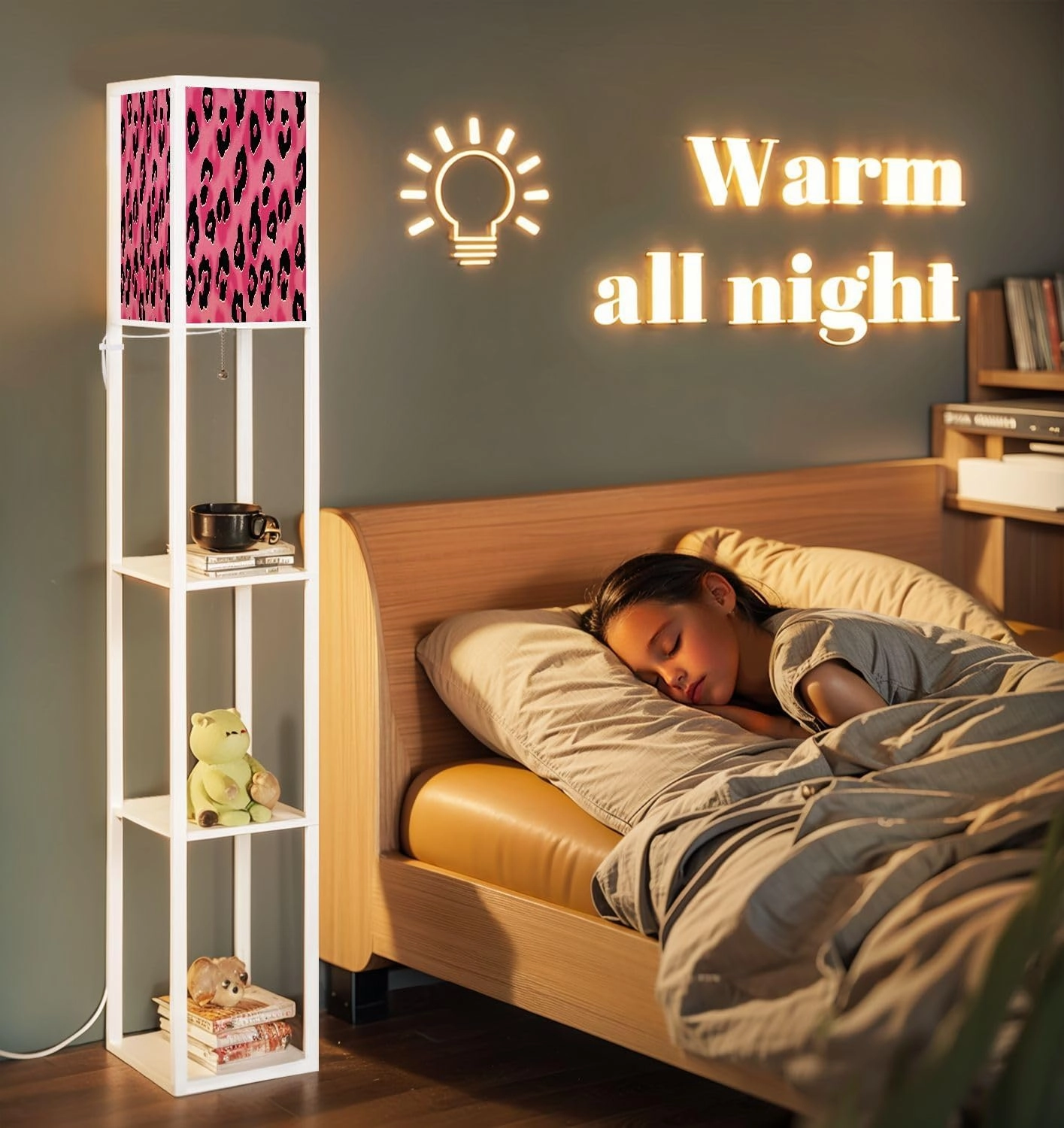 Pink Cheetah Seamless Pattern Leopard Skin Animal Print Floor Lamps with Shelves, Modern Standing Lamp Narrow Corner Display Bookshelf Lamp for Living Room, Bedroom, Office Decor