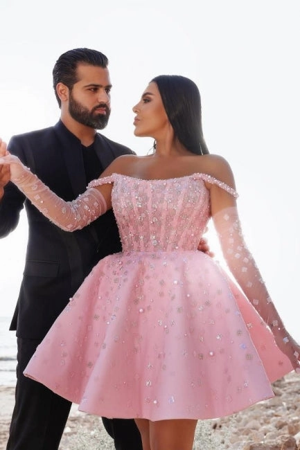 Pink Homecoming Dress Off the Shoulder Ball Gown Beaded Short Cocktail Dress
