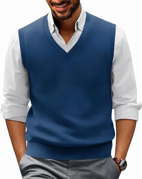 PJ PAUL JONES Mens V-Neck Knitted Sweater Vest Solid Plain Sleeveless Pullover Knitwear