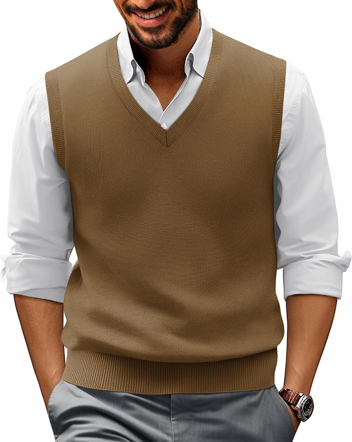 PJ PAUL JONES Mens V-Neck Knitted Sweater Vest Solid Plain Sleeveless Pullover Knitwear