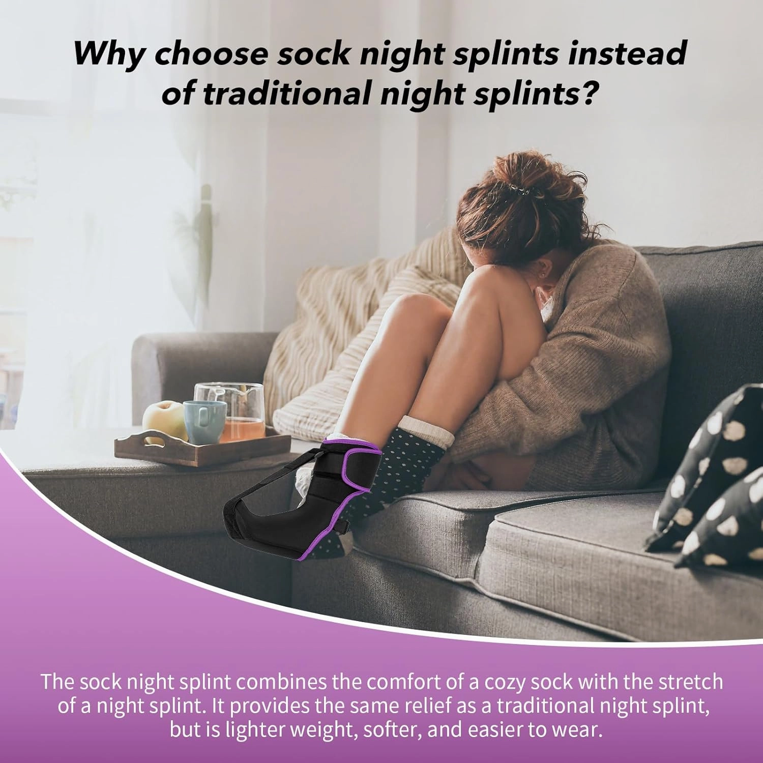 Plantar Fasciitis Night Splint Sock with Massage Ball for Tension Relief, Alleviate Pain from Plantar Fasciitis, Arch Pain, Heel Spur, Foot-drop and Achilles Tendonitis, Soft and Comfortable Foot Brace for Men and Women, Small-Purple