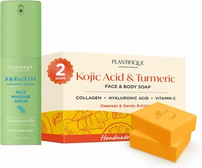 PLANTIFIQUE Korean Jojoba Oil & Hyaluronic Acid Face Massage Serum and Kojic Acid Soap for Hyperpigmentation 160g
