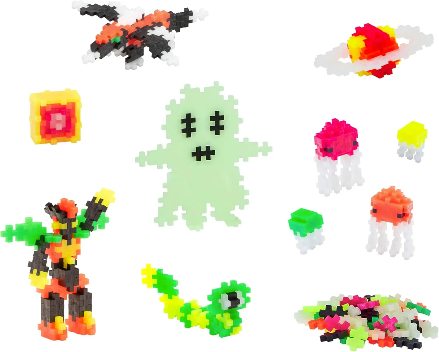 PLUS PLUS Building Set with Travel Case, 3D Open Ended Stem Toy for Kids, 100 Mini Interlocking Pieces, 1 Baseplate - Glow Mix