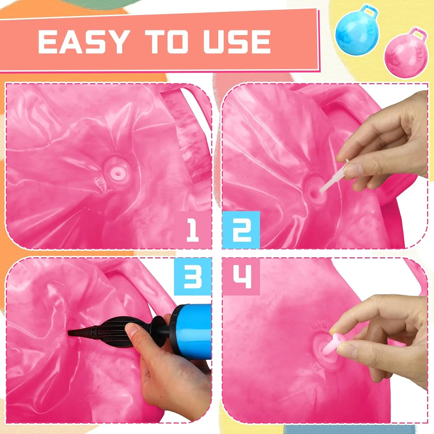 Poen 2 Pcs Bouncing Ball with Handle, Hopper Jumping Hopping Ball with Air Pump for Games(18 Inch,Marbled Pink, Marbled Blue)