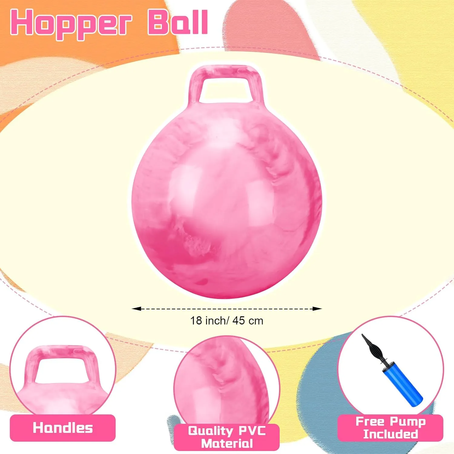 Poen 2 Pcs Bouncing Ball with Handle, Hopper Jumping Hopping Ball with Air Pump for Games(18 Inch,Marbled Pink, Marbled Blue)