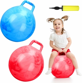 Poen 2 Pcs Bouncing Ball with Handle, Hopper Jumping Hopping Ball with Air Pump for Games(22 Inch,Marbled Red, Marbled Blue)