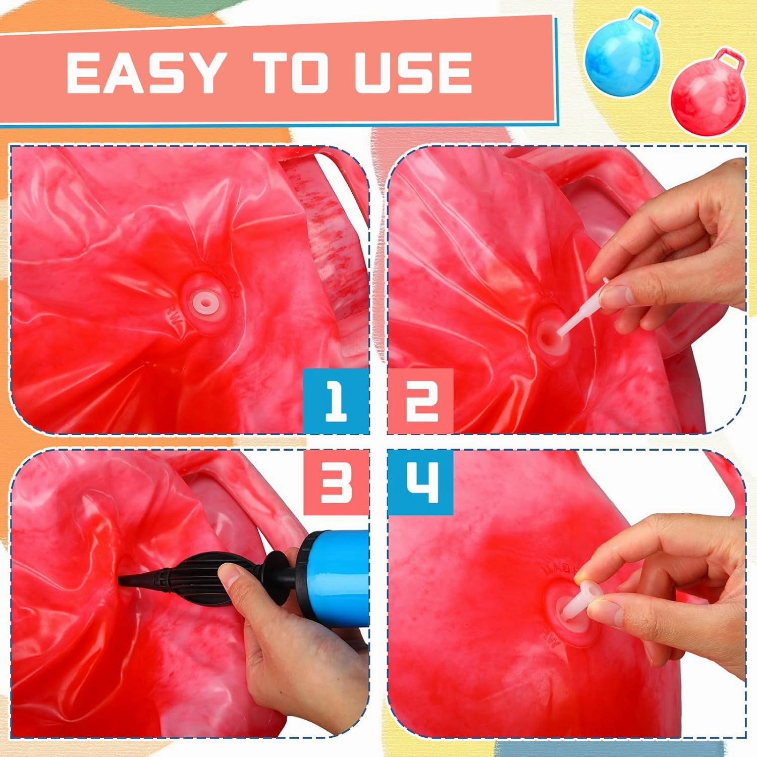 Poen 2 Pcs Bouncing Ball with Handle, Hopper Jumping Hopping Ball with Air Pump for Games(22 Inch,Marbled Red, Marbled Blue)