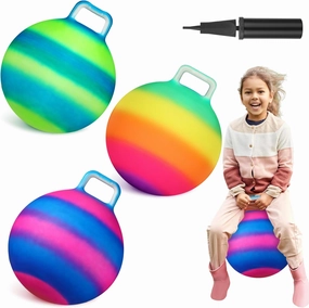 Poen 3 Pcs 18 Inch Hopper Inflatable Bouncy Ball with Handle Hippity Hop PVC Jumping Hopping Ball with 1 Air Pump for Kids Toddler Boys Girls Gifts Games(Multicolor)